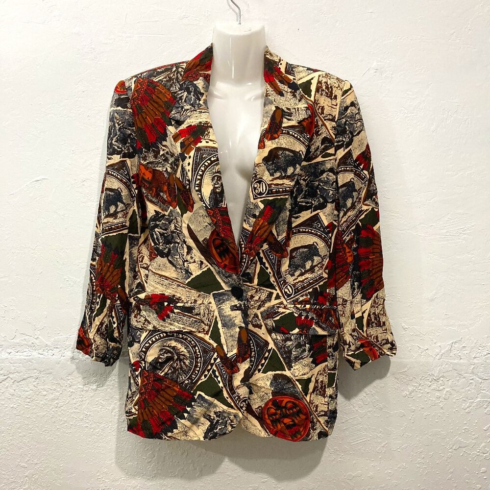 Vintage 90s Sunny Leigh Colorful 100% Silk Women's Blazer Native American Y2K M